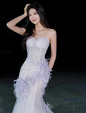 Ndyad Purple Mermaid Sweetheart Neck Tulle Sequin Prom Dress Quincea?a Ball Dress Wedding Dress HZ1024