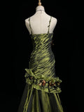 Ndyad Green Retro Mermaid Irregular Neckline Satin Beaded Long Prom Dress Birthday Graduation Prom Dress HZ1024