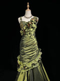 Ndyad Green Retro Mermaid Irregular Neckline Satin Beaded Long Prom Dress Birthday Graduation Prom Dress HZ1024