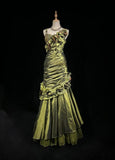 Ndyad Green Retro Mermaid Irregular Neckline Satin Beaded Long Prom Dress Birthday Graduation Prom Dress HZ1024