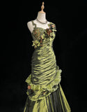 Ndyad Green Retro Mermaid Irregular Neckline Satin Beaded Long Prom Dress Birthday Graduation Prom Dress HZ1024