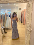 Ndyad Grey Purple Mermaid Spaghetti Strap Tulle Lace Prom Dress HZ1024