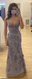 Ndyad Grey Purple Mermaid Spaghetti Strap Tulle Lace Prom Dress HZ1024