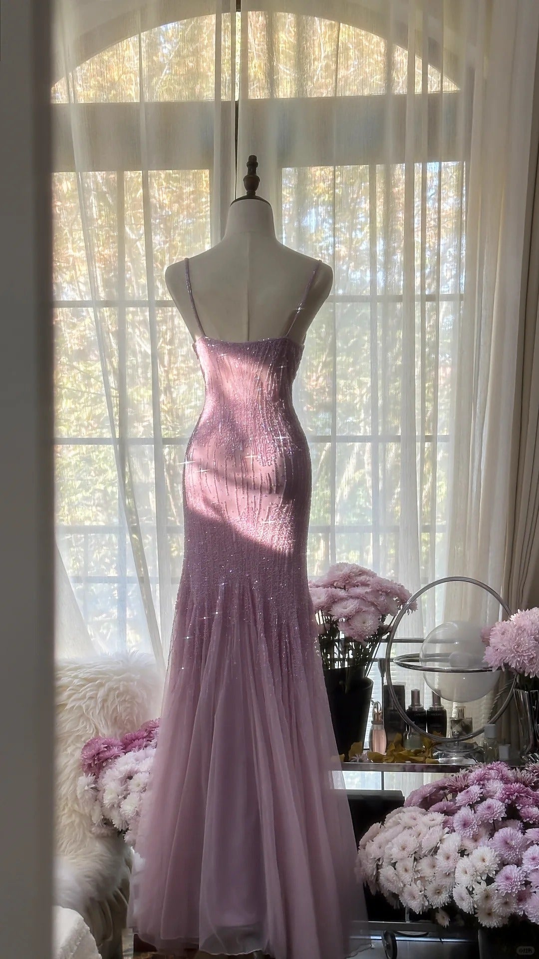 Ndyad Spaghetti StrapsPurple Mermaid Wedding Guest Dresses Beaded Tulle Chiffon Long Prom Dresses HZ1024