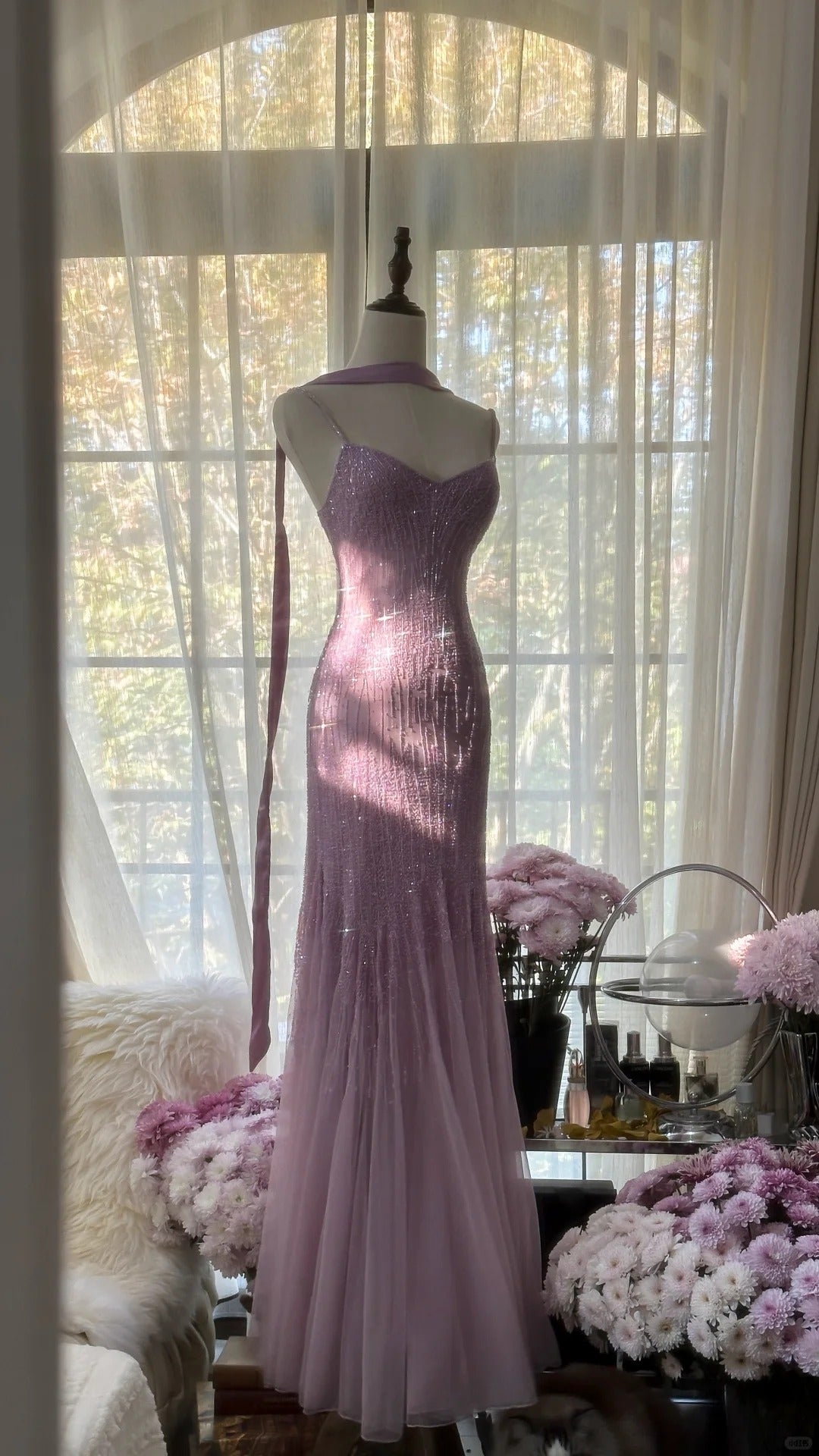Ndyad Spaghetti StrapsPurple Mermaid Wedding Guest Dresses Beaded Tulle Chiffon Long Prom Dresses HZ1024
