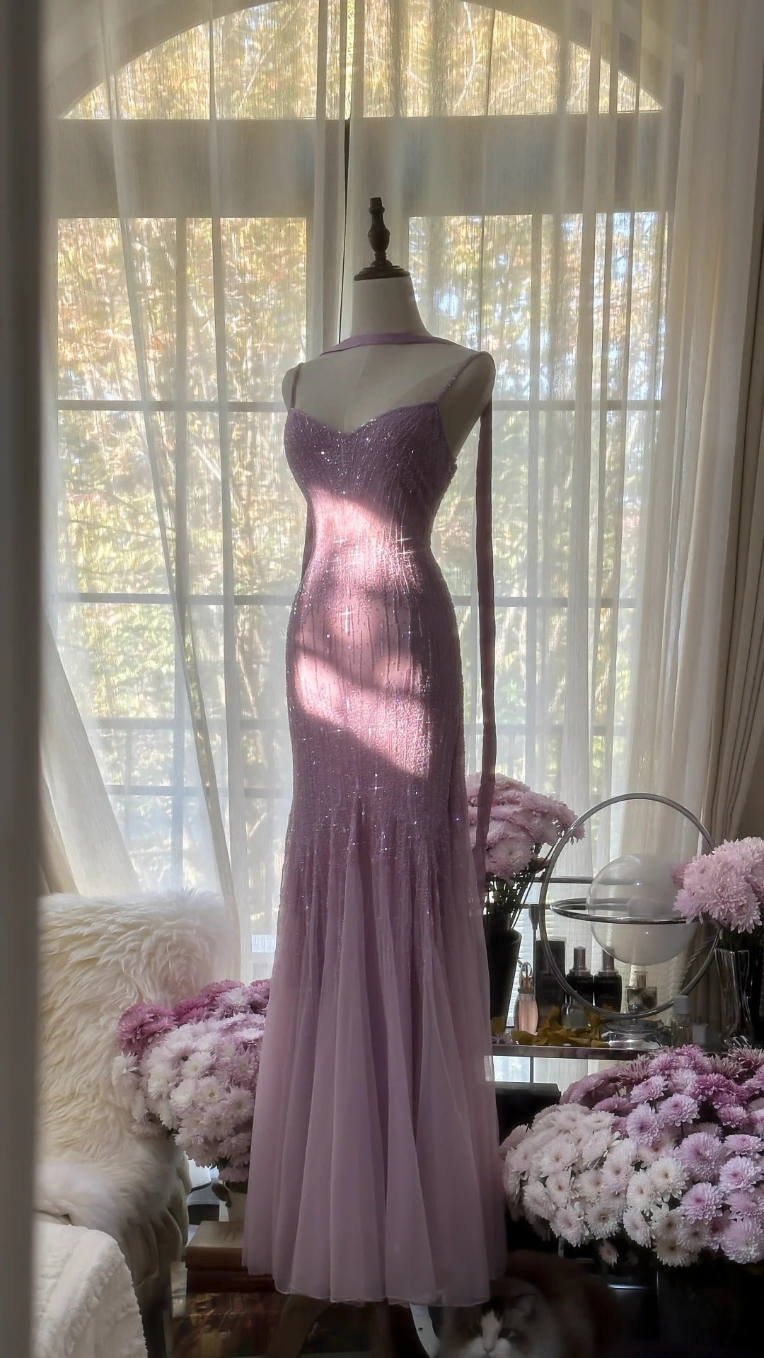 Ndyad Spaghetti StrapsPurple Mermaid Wedding Guest Dresses Beaded Tulle Chiffon Long Prom Dresses HZ1024