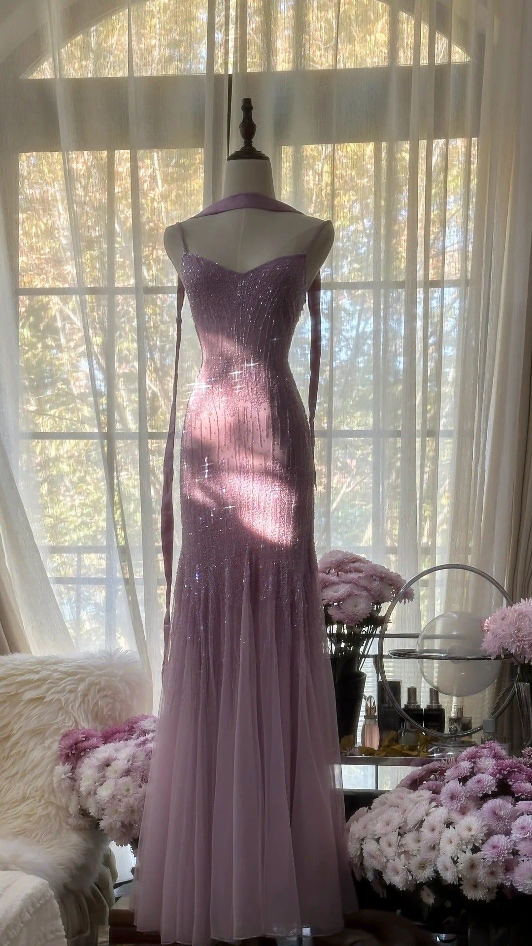 Ndyad Spaghetti StrapsPurple Mermaid Wedding Guest Dresses Beaded Tulle Chiffon Long Prom Dresses HZ1024