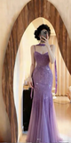 Ndyad Spaghetti StrapsPurple Mermaid Wedding Guest Dresses Beaded Tulle Chiffon Long Prom Dresses HZ1024