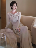 Ndyad style drawstring waist long sleeve fishtail dress HZ1024