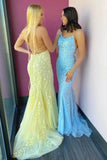 Ndyad Blue A-Line Spaghetti Strap Backless Elegant Tulle Applique Long Prom Dress HZ1024