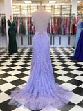 Ndyad Blue A-Line Spaghetti Strap Backless Elegant Tulle Applique Long Prom Dress HZ1024