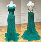Ndyad Blue A-Line Spaghetti Strap Backless Elegant Tulle Applique Long Prom Dress HZ1024