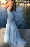 Ndyad Blue A-Line Spaghetti Strap Backless Elegant Tulle Applique Long Prom Dress HZ1024