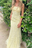 Ndyad Blue A-Line Spaghetti Strap Backless Elegant Tulle Applique Long Prom Dress HZ1024