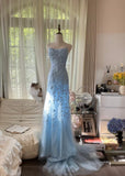 Ndyad Blue A-Line Spaghetti Strap Backless Elegant Tulle Applique Long Prom Dress HZ1024