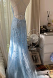 Ndyad Blue A-Line Spaghetti Strap Backless Elegant Tulle Applique Long Prom Dress HZ1024
