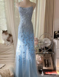 Ndyad Blue A-Line Spaghetti Strap Backless Elegant Tulle Applique Long Prom Dress HZ1024
