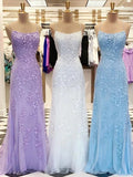 Ndyad Blue A-Line Spaghetti Strap Backless Elegant Tulle Applique Long Prom Dress HZ1024