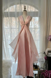 Ndyad Pink Sheath Chiffon Ribbon V-neck Simple Prom Dress HZ1024