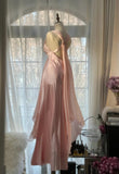 Ndyad Pink Sheath Chiffon Ribbon V-neck Simple Prom Dress HZ1024