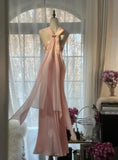 Ndyad Pink Sheath Chiffon Ribbon V-neck Simple Prom Dress HZ1024