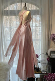 Ndyad Pink Sheath Chiffon Ribbon V-neck Simple Prom Dress HZ1024