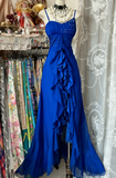 Ndyad Black Chiffon Mermaid Party Dresses with Silt Spaghetti Straps Long Prom Dresses HZ1024