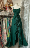 Ndyad Black Chiffon Mermaid Party Dresses with Silt Spaghetti Straps Long Prom Dresses HZ1024