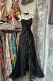 Ndyad Black Chiffon Mermaid Party Dresses with Silt Spaghetti Straps Long Prom Dresses HZ1024