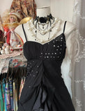 Ndyad Black Chiffon Mermaid Party Dresses with Silt Spaghetti Straps Long Prom Dresses HZ1024