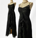 Ndyad Black Chiffon Mermaid Party Dresses with Silt Spaghetti Straps Long Prom Dresses HZ1024