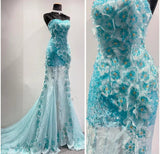 Ndyad Blue Ombre Mermaid Strapless Chiffon Long Evening Dress Appliques Beading Formal Prom Dress Graduation Dress HZ1024