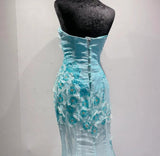 Ndyad Blue Ombre Mermaid Strapless Chiffon Long Evening Dress Appliques Beading Formal Prom Dress Graduation Dress HZ1024