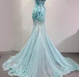Ndyad Blue Ombre Mermaid Strapless Chiffon Long Evening Dress Appliques Beading Formal Prom Dress Graduation Dress HZ1024