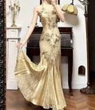 Ndyad Mermaid Halter Satin Beaded Applique Prom Dress HZ1024