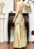 Ndyad Mermaid Halter Satin Beaded Applique Prom Dress HZ1024