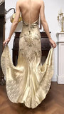 Ndyad Mermaid Halter Satin Beaded Applique Prom Dress HZ1024