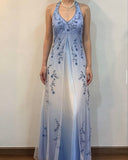 Ndyad Gradient Purple Sheath Halter Neck Satin Prom Dress with Beaded Appliques HZ1024