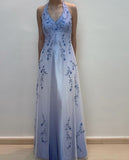 Ndyad Gradient Purple Sheath Halter Neck Satin Prom Dress with Beaded Appliques HZ1024