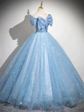 Ndyad Blue A-Line Off Shoulder Tulle Sequins Long Prom Dress Evening Dress HZ1024