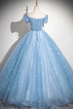 Ndyad Blue A-Line Off Shoulder Tulle Sequins Long Prom Dress Evening Dress HZ1024
