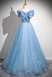 Ndyad Blue A-Line Off Shoulder Tulle Sequins Long Prom Dress Evening Dress HZ1024
