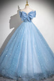Ndyad Blue A-Line Off Shoulder Tulle Sequins Long Prom Dress Evening Dress HZ1024