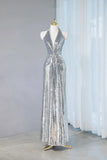 Ndyad Sequins Sheath V-Neck Long Prom Dress Shiny Evening Dress HZ1024