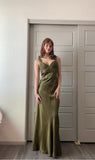 Ndyad Green Mermaid Spaghetti Straps Satin Beaded Long Prom Dress Evening Dress HZ1024