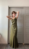 Ndyad Green Mermaid Spaghetti Straps Satin Beaded Long Prom Dress Evening Dress HZ1024