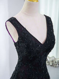 Ndyad Tulle A-Line V-Neck Purple Satin Lace Applique Long Prom Dress With Beadings HZ1024