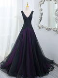 Ndyad Tulle A-Line V-Neck Purple Satin Lace Applique Long Prom Dress With Beadings HZ1024