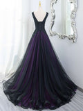 Ndyad Tulle A-Line V-Neck Purple Satin Lace Applique Long Prom Dress With Beadings HZ1024