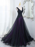 Ndyad Tulle A-Line V-Neck Purple Satin Lace Applique Long Prom Dress With Beadings HZ1024